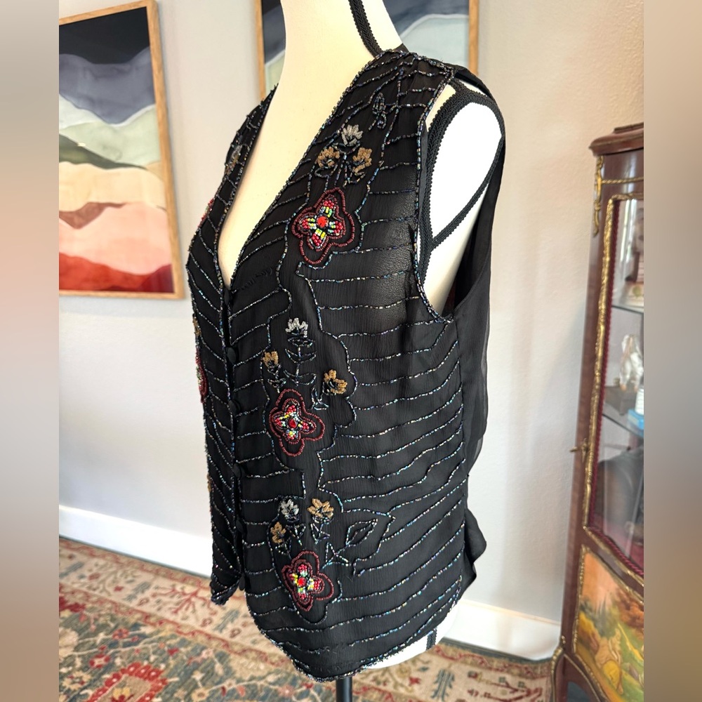 Vintage Embroidered Black Silk Floral Vest - Picture 6 of 11